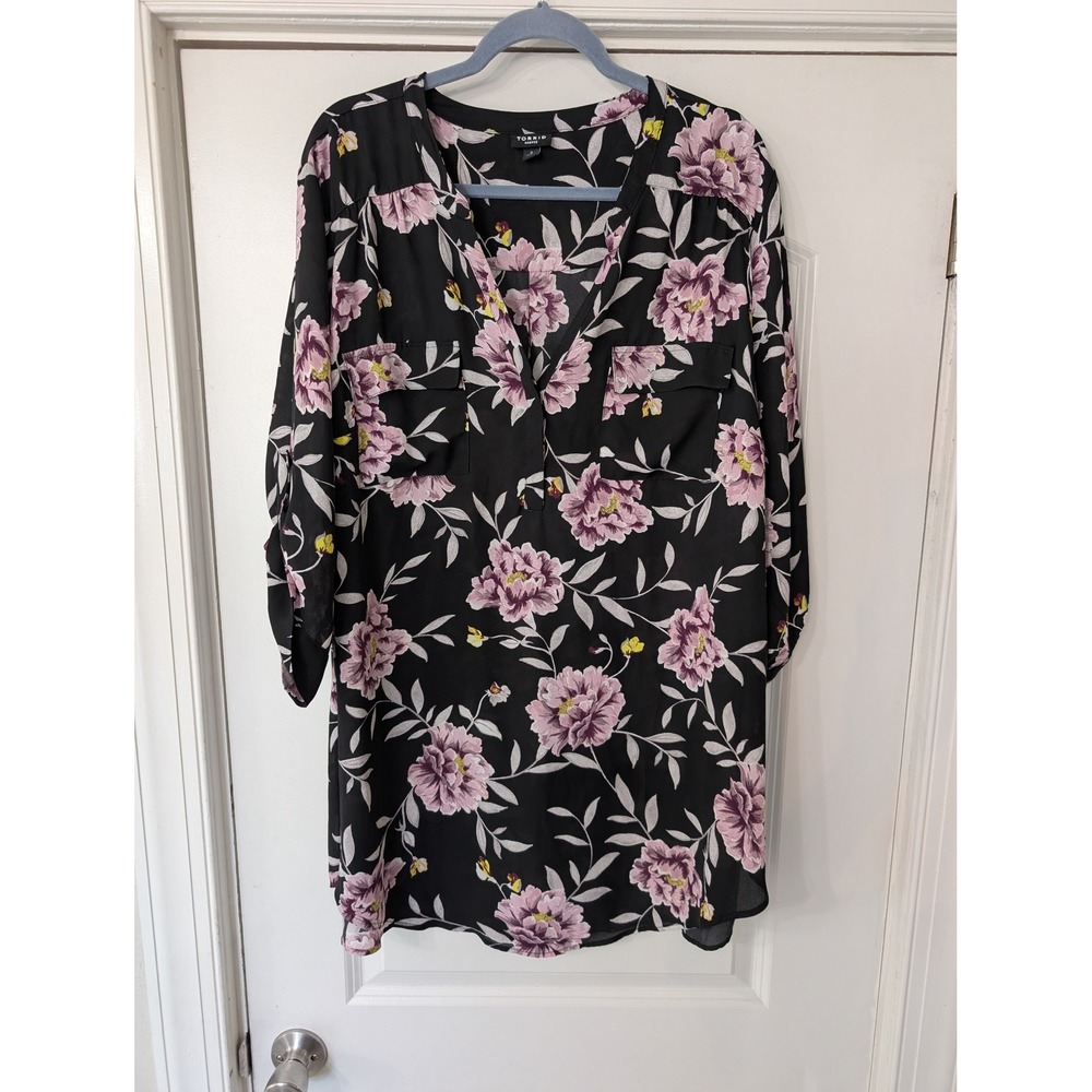 Torrid Harper Blouse Womens‎ Plus 3 Black Purple Floral Top career tunic office